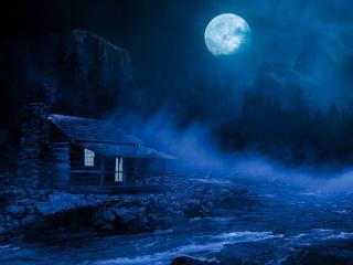 Full Moon over Lakeside Cabin wallpaper