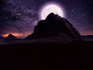 Full Moon Over Mountain On Starry Night Wallpaper