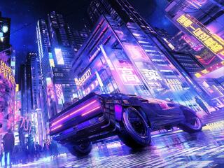 Futuristic Neon City HD Car Rider Wallpaper