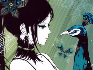 girl, anime, peacock wallpaper