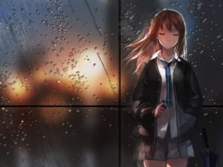 girl, anime, rain wallpaper