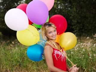 girl, balloons, grass wallpaper