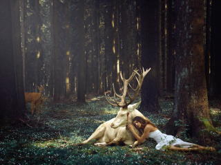 girl, deer, forest wallpaper