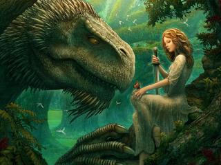 girl, dinosaur, sword Wallpaper