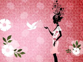 girl, flowers, bird wallpaper