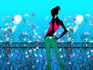 girl, flowers, railings wallpaper