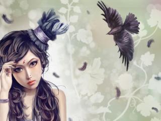 girl, hat, bird wallpaper