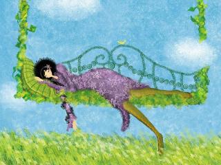 girl, lying, grass wallpaper