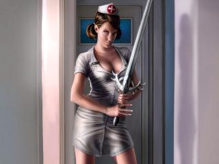 girl, nurse, sword Wallpaper