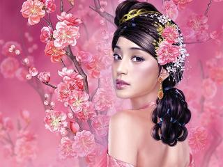 girl, pink, oriental cherry Wallpaper