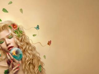 girl, ringlets, butterflies wallpaper