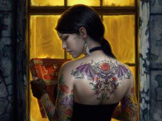girl, tattoos, back Wallpaper