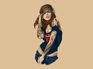 girl, tattoos, headphones wallpaper