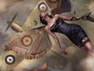 girl, wings, plane Wallpaper