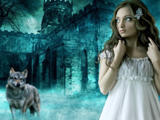 girl, wolf, castle Wallpaper