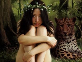 girl, wood, leopard Wallpaper
