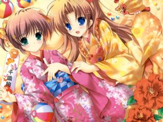 girls, smiles, kimonos wallpaper