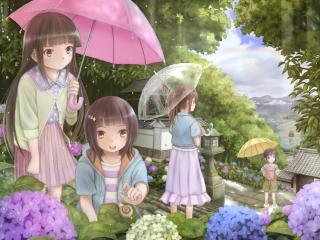 girls, umbrella, rain wallpaper