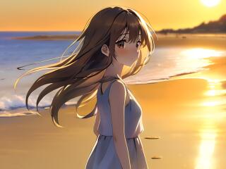 HD Anime Girl at Beautiful Beach Sunset wallpaper