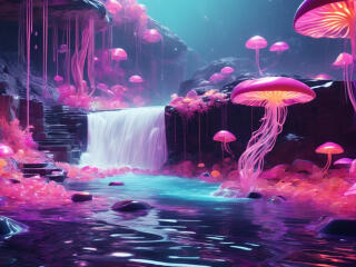 HD Neon Mushrooms River wallpaper