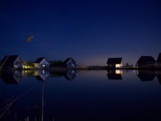 Houses At Lake Water Starry Night Wallpaper