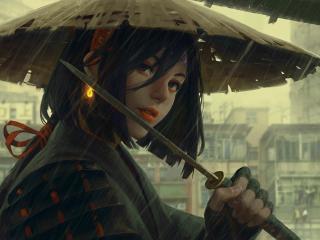 Japanese Warrior In Rain wallpaper