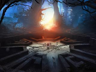 Labyrinth Wolf And Boy 3D Abstract Fantasy Art wallpaper
