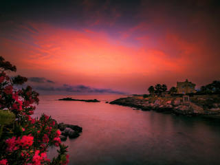 Lake House And Pink Sky Sunset wallpaper