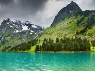 lake, mountains, trees wallpaper