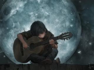 Little Boy On Full Moon Night Playing Guitar Art wallpaper