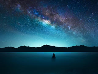Lone Sailboat on Milky Way Night wallpaper
