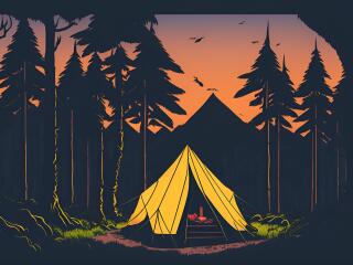Lone Tent in the Lush Forest Minimalist wallpaper