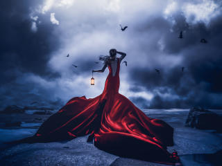 Lost In Night Girl Red Dress With Lantern wallpaper