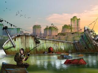 man, fishing rod, river wallpaper