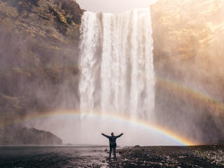 man, rainbow, waterfall wallpaper