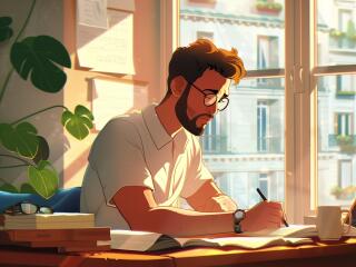 Man Studying at Desk HD Cartoon wallpaper