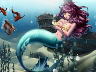 mermaid, underwater, ship wallpaper