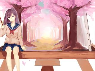 mimi tsukue, schoolgirl, cherry wallpaper