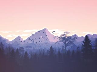 Minimalism Birds Mountains Trees Forest wallpaper