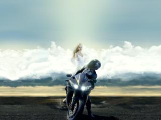 motorcyclist, guardian angel, clouds wallpaper