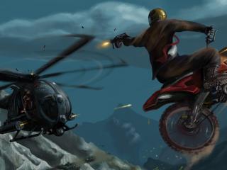 motorcyclist, jump, helicopter wallpaper