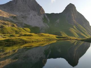mountain, lake, grass wallpaper