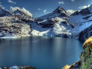 mountain, lake, peaks wallpaper
