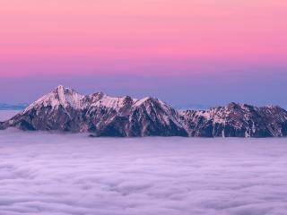 Mountain Peaks Fog  And Pink Clouds Wallpaper