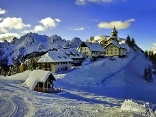mountains, houses, snow wallpaper