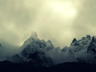 mountains, snow, fog wallpaper