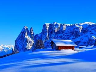 mountains, snow, hut wallpaper