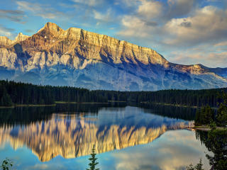 mountains, trees, reflection wallpaper