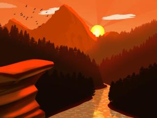 Nature Sunset Near Mountain River Artwork wallpaper