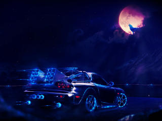 Neon Car Driving To The Moon Wolf wallpaper